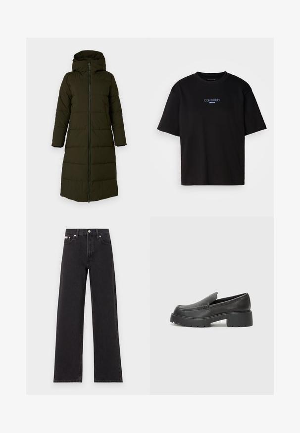 Pikend, kapuutsiga pufjakate tumerohelises oliivivärvis. Omab esimest lukku, küljetaskuid ja tikitud mustrit isolaatsiooni jaoks. Sile tekstuur.; Mustmust särk ümmarguse kaelusega, lühikeste varrukatega ja sinise tikandiga "Calvin Klein JEANS" logo ees.; Mustad laiad mustad teksad, millel on kõrge vöökoht, viie tasku stiil ja metallist nööpkinnitus kontrastsete õmblustega.; Mustad nahast loafers ümarate varvastega, paksu tekstuuriga tald ja minimaalsete õmbluse detailidega. Viimistletud disain, kus pole nähtavaid paelu ega riistu.