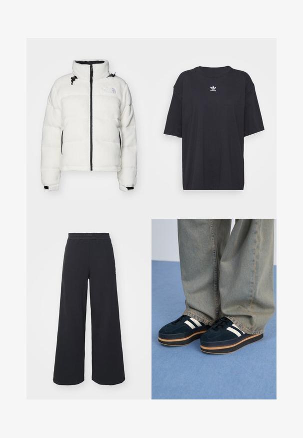 Biała puchowa kurtka z plisami i czarnymi akcentami, wysoki kołnierz, zapięcie na zamek z przodu oraz przeszywane panele. Posiada logo na górnej lewej stronie.; Czarna bawełniana koszulka z krótkim rękawem, okrągłym dekoltem, z białym logo Adidas na klatce piersiowej. Prosty design, luźny krój.; Czarne szerokie spodnie dresowe wykonane z miękkiego materiału, z elastycznym paskiem w talii oraz małym logo po lewej stronie.; Ciemnoniebieskie zamszowe sneakersy na platformie z białymi paskami i czarnymi sznurowadłami. Posiadają grubą brązową gumową podeszwę. Noszone z jasnoniebieskimi spodniami dżinsowymi.