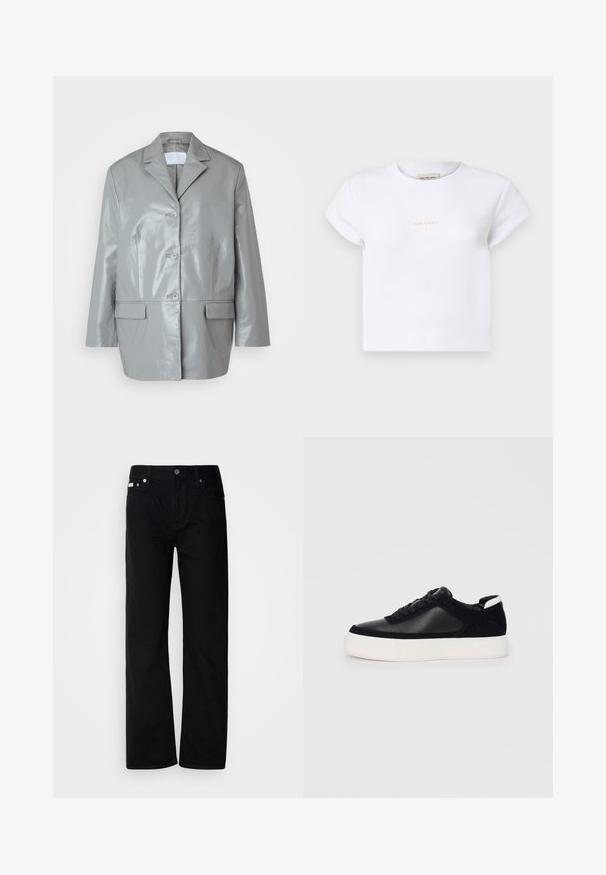 Pilkas dirbtinės odos švarkas su aštriu apykakle, trijų mygtukų uždarymu, dviem priekinėmis kišenėmis ir blizgia tekstūra. Priklausantis pritaikytam siluetui, su ilgas rankovėmis.; Balta medvilninė trumpomis rankovėmis marškinėlių su subtiliu auksiniu „Calvin Klein“ logotipu priekyje ir apvaliu kaklu.; Juodi džinsai tiesaus kirpimo su penkiomis kišenėmis, sidabriniais kabliukais ir mygtukų užtrauktuku. Medžiaga turi lygią, šiek tiek tekstūruotą apdailą.; Juodi sportbačiai su lygiu oda ir zomšinėmis detalėmis, plokščiomis raišteliais, apvaliu walko ir balta guma iš baze. Išskirtinė logotipas ant kulno.