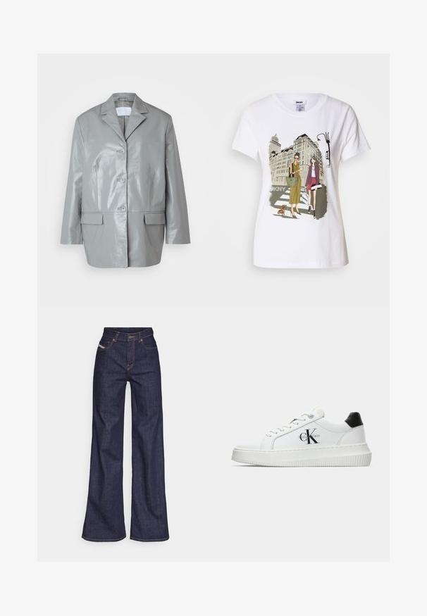 Grå faux læderjakke med en skarp krave, treknaps lukning, to forlommer og en blank overflade. Skræddersyet pasform med lange ærmer.; Hvid bomulds T-shirt med et trykt illustrativt motiv af to kvinder i urban mode med en hund på et fodgængerfelt og bybygninger.; Mørkeblå bredbenede jeans i denimstof med høj talje, prydet med orange stikninger, fem-lomme design og knaplukning.; Hvide lavtoppede sneakers med sort hælkænke, platformssål, snørebånd og Calvin Klein "CK" logo på siden.