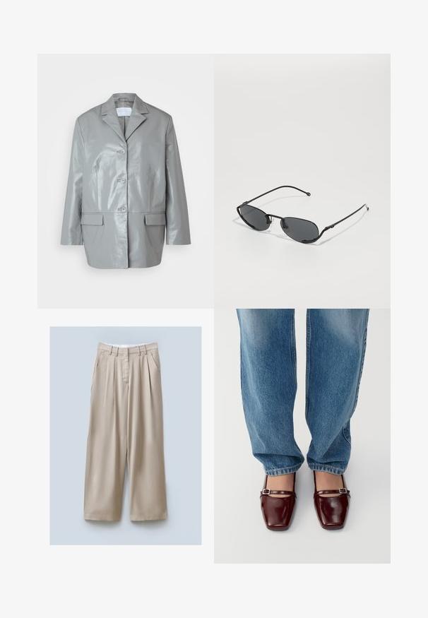 Grå faux læderjakke med en skarp krave, treknaps lukning, to forlommer og en blank overflade. Skræddersyet pasform med lange ærmer.; Ærmeløs grå turtleneck-top, lavet af blødt strikmateriale, med en tætsiddende form og høj halsudskæring. Glat tekstur med minimal detaljer.; Beige brede bukser med tekstureret finish, der har to sidelommer, frynsede detaljer foran og en taljeelastik for en sikker pasform.; Burgunderfarvede patentlæder sko med firkantet tå og ankelrem, parret med lyseblå løs pasform jeans. Skoene har en glansfuld overflade.; Sorte solbriller med smalle ovale linser, tynde metalrammer og justerbare næsepuder. Har et strømlinet, minimalistisk design.
