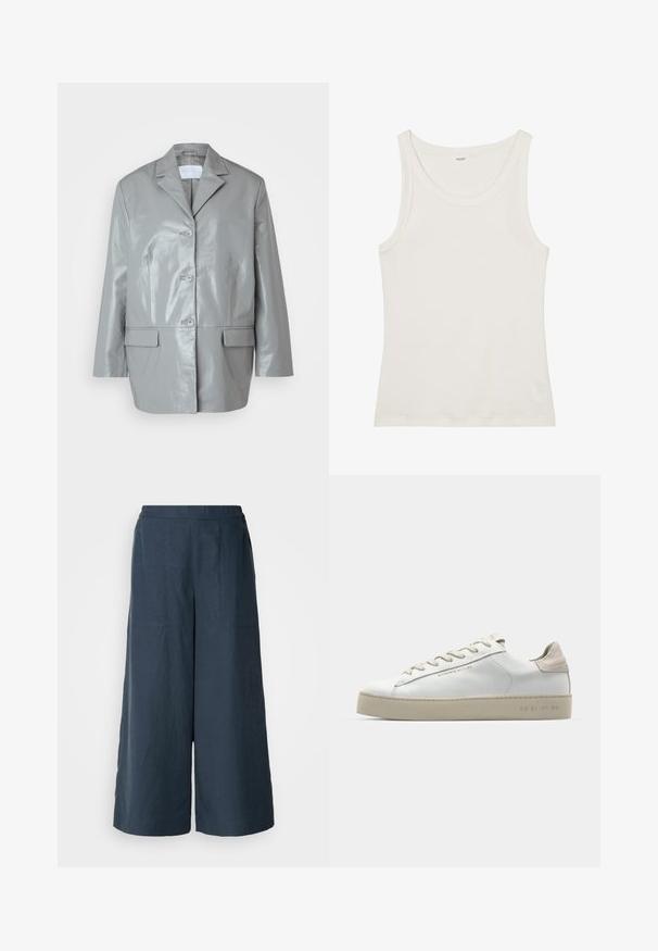 Grå faux læderjakke med en skarp krave, treknaps lukning, to forlommer og en blank overflade. Skræddersyet pasform med lange ærmer.; Hvid bomulds tanktop med en bred halsudskæring og tynde skulderstropper. Glat tekstur uden synlige mønstre eller udsmykninger.; Bredde ben bukser i marineblå, lavet af letvægtsstof. Har en let struktureret overflade, elastisk talje og forseglede sømme foran.; Hvide lædersneakers med en glat overflade, beige ruskindsdetaljer, rund tå, flad snørebåndsdesign og en struktureret gummisål.
