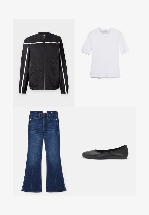 Juodas švarkas su aukštu apykakle, užtrauktuku, baltais šonų dryžiais ir liepsnos siuvinėjimu priekyje. Pagamintas iš lengvo audinio.; Balta trumpa rankovėmis marškinėliai, pagaminti iš pasiruošusio audinio. Apvali iškirptė, reguliari tinkamumas ir subtilūs siuvimo detalės. Be raštų ar grafikos.; Tamsiai mėlynos flare tipo džinsai, pagaminti iš džinsinio audinio. Su aukštu liemeniu, priekinėmis kišenėmis ir skeltukais hem'e. Klasikinis penkių kišenėlių dizainas.; Juodai odiniai baletai su apvaliu pirštu, lygi texture, minimalus siuvimo detales ir lanksčiu padų dizainu.