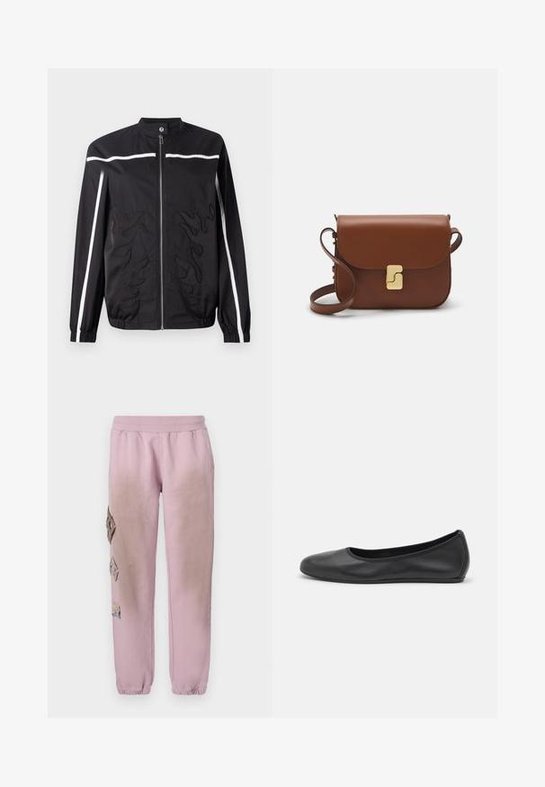 Must 黑夹克,高领,拉链闭合,白色侧条,前面有火焰刺绣。采用轻便面料制作。; Valge lühikeste varrukatega T-särk ribatud kangast. Ümara kaelusega, tavalisest sobivusest ja peente õmbluse detailidega. Ilma mustrite või graafikateta.; Roosa spordipüksid elastse paelaga vööl, millel on vasakul küljel dekoratiivsed rombikujulised plaastrid ja elastsed mansetid pahkluude juures.; Musthave mustika tantsutossud mustast nahast, ümmarguse varbaga, siledast tekstuurist, minimaalse õmblusdetailiga ja paindliku tallakujundusega.; Pruunist nahast käekott, millel on klapiga sulgur, kuldne riistvara, õlarihm ja sile tekstuur. Kompaktne ristkülikukujuline vorm.