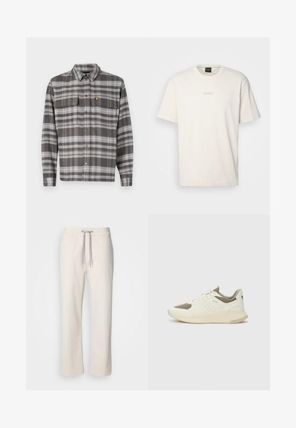 Gray plaid shirt with two chest pockets, button front, and yellow logo accent. Fabric has a textured finish and classic collar design.; BOSS TEE - Basic T-shirt - open white; Cream-colored casual pants with a drawstring waist and straight legs, displayed against a plain white background.; White and light beige athletic sneaker, featuring a mesh upper, perforated detailing, and a textured midsole with branding on the heel.