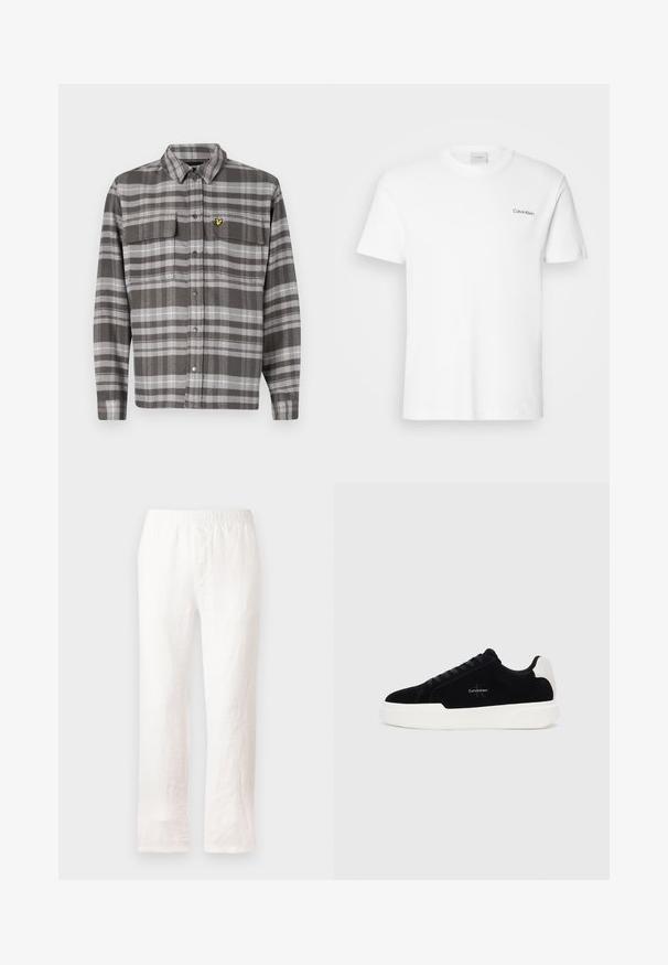 Γκρι καρό πουκάμισο με δύο τσέπες στο στήθος, κουμπιά μπροστά και κίτρινη λογότυπη λεπτομέρεια. Ο ύφασμα έχει υφή και κλασικό σχέδιο γιακά.; Λευκό βαμβακερό T-shirt με κοντά μανίκια και στρογγυλή λαιμόκοψη. Διαθέτει μικρό μαύρο λογότυπο "Calvin Klein" στη αριστερή πλευρά του στήθους.; Λευκά λινά παντελόνια με ελαστική μέση, ίσια γραμμή και ελαφρώς υφασμένο ύφασμα. Χωρίς σχέδια ή επιπλέον λεπτομέρειες.; Μαύρα χαμηλά αθλητικά παπούτσια με λευκή σόλα και τακούνι, με κορδόνια μπροστά και λογότυπο Calvin Klein στο πλάι.