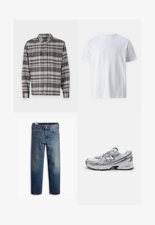 Grå rutete skjorte med to brystlommer, knappestolpe foran og gult logoakcent. Stoffet har en teksturert overflate og klassisk kragedesign.; Hvit kortermet t-skjorte laget av bomull, med rund hals og en jevn tekstur, rett snitt og uten mønstre.; Blå rett-linye denimjeans med klassisk fem-lomme-design, knappelukking og subtilt falmet vask på lår og knær.; New Balance treningsko med overdel i netting, hovedsakelig hvit med grå og marineblå detaljer, med en dempet såle og teksturerte detaljer.