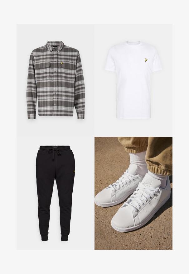 Grå rutete skjorte med to brystlommer, knappestolpe foran og gult logoakcent. Stoffet har en teksturert overflate og klassisk kragedesign.; Hvit bomulls T-skjorte med en liten svart og gul brodert logo på venstre bryst. Korte ermer og rund hals.; Sorte bomulls joggebukser med elastisk midje, snor og ribbestrikkede mansjetter. Har en liten gul logo på venstre lår.; Hvite lær sneakers med en glatt overflate, med et klassisk snøresystem, perforeringer for pusteevne, og en teksturert gummiyttersåle.