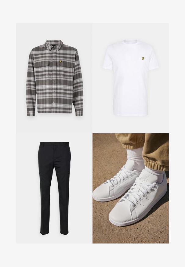 Cămașă gri cu carouri, cu două buzunare pe piept, închidere cu nasturi și accent logo galben. Materialul are o finisare texturată și un design clasic al gulerului.; Tricou alb din bumbac, cu un mic logo brodat negru și galben pe partea stângă a pieptului. Mâneci scurte și guler rotund.; Pantaloni negri, croiți, cu o potrivire dreaptă, dintr-un material neted. Au curea de brâu și detaliu de pliuri pe față.; Adidași din piele albă cu o suprafață netedă, având un design clasic cu șireturi, perforații pentru ventilație și o talpă exterioară din cauciuc texturat.