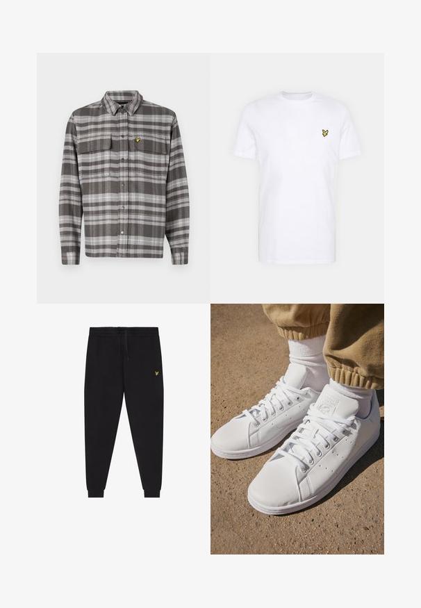 Grå rutigt skjorta med två bröstfickor, knäppning fram och gult logotypaccent. Tyget har en strukturerad yta och klassisk krage.; Vit bomulls-T-shirt med en liten svart och gul broderad logotyp på vänster bröst. Korta ärmar och rundad halsringning.; Svarta joggerbyxor med elastisk midjeresår och dragsko, avsmalnande ben med mudd, och liten gul broderad logga på höger lår.; Vita lädersneakers med en slät yta, med en klassisk snörningsdesign, perforeringar för andningsförmåga och en texturerad gummisula.