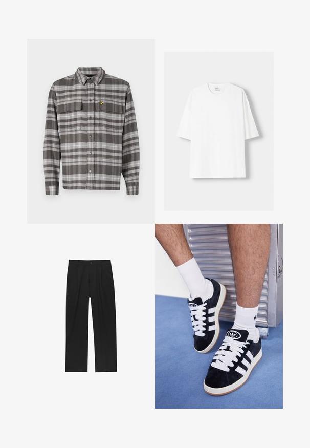 Harmaa ruudullinen paita, jossa on kaksi rintataskua, napitus edessä ja keltainen logokorostus. Kankaan pinta on teksturoitu ja siinä on klassinen kaulustyyli.; Valkoinen lyhythihainen t-paita, joka on valmistettu puuvillasta, ominaisuutenaan pyöreä pääntie ja rento istuvuus. Sileä pinta, ilman näkyviä kuvioita tai yksityiskohtia.; Mustat housut suoranlahkeisella muotoilulla, valmistettu sileästä kankaasta. Ominaisuuksiin kuuluu etupleateet ja yksi nappikiinnitys vyötäröllä.; Mustat mokkasneakersit, joissa on valkoiset nauhat ja kolme valkoista raitaa. Kengissä on ympyrän muotoinen musta logo kielen päällä ja kuminen pohja.