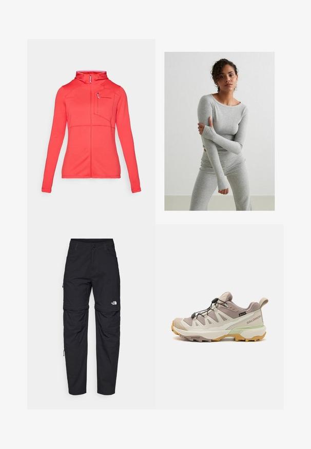 Punane esitusjakk, millel on kapuuts, tekstureeritud kangas, ees tõmblukk ja väike rinnakott. Ülal vasakul küljel on logo.; Halli pikkade varrukatega topp ja sobivad retuusid ribatekstuuriga kangast, millel on pöidlaugad ja ümar kaelus, ühtlasel taustal.; Mustalased eest avatud püksid, valmistatud kergest kangast. Omadusteks on nööbiga kinnitamine, taskud ja "The North Face" logo säärel.; Kerge matkasaapad beeži ja mündiroheline disainiga. Tekstige ülaserv, kummist välistald, kiire lukkussüsteem ja kontrastsed kollased aktsendid.