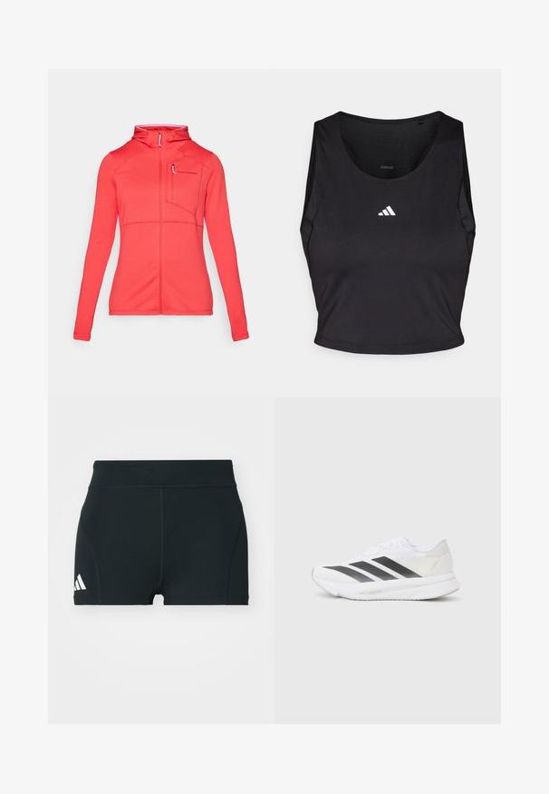 Red performance jacket with a hood, textured fabric, front zip, and a small chest pocket. Features logo on the upper left side.; Black sports crop top made from moisture-wicking fabric, featuring a round neck, sleeveless design, and white logo on the chest.; Black athletic shorts made of stretchy fabric, featuring a high waistband, fitted shape, and white Adidas logo on the left side.; White athletic shoe with black diagonal stripes, mesh upper, rounded toe, and textured sole. Accents include a silver heel and minimalistic design.