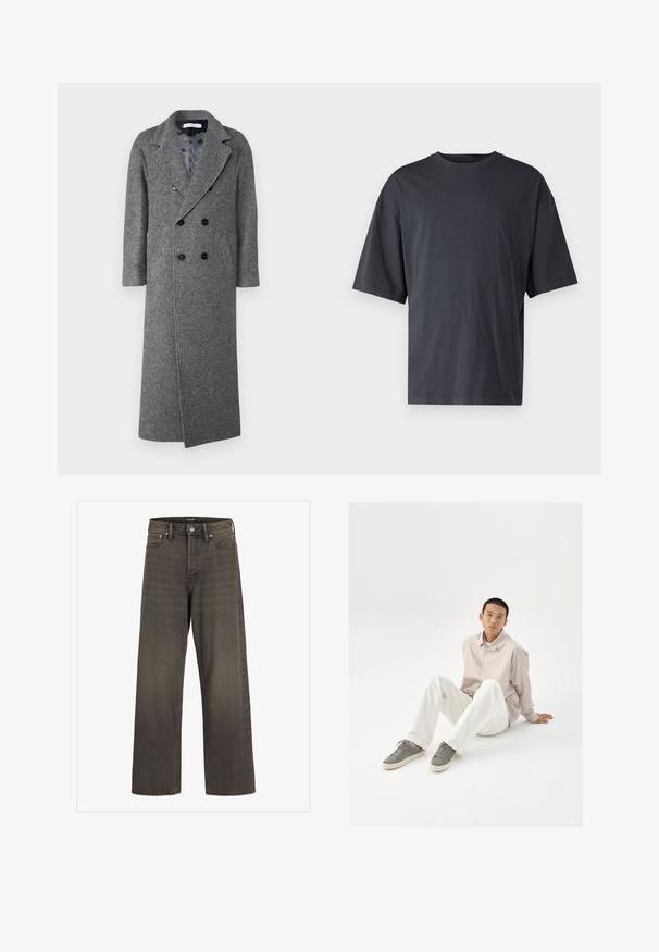 STUDIO ID TYLER COAT - Casaco clássico - grey; T-shirt de manga curta, cinza escuro, feita de algodão leve, com um corte solto e decote redondo clássico, com textura lisa e sem padrões.; Jeans de perna larga em denim cinza escuro, com cintura alta, design clássico de cinco bolsos e costura em contraste ao longo das costuras.; Camisa beige de botão, calças brancas e sapatilhas cinzas. A camisa tem um corte solto e as sapatilhas apresentam uma superfície texturizada e um design com atacadores.