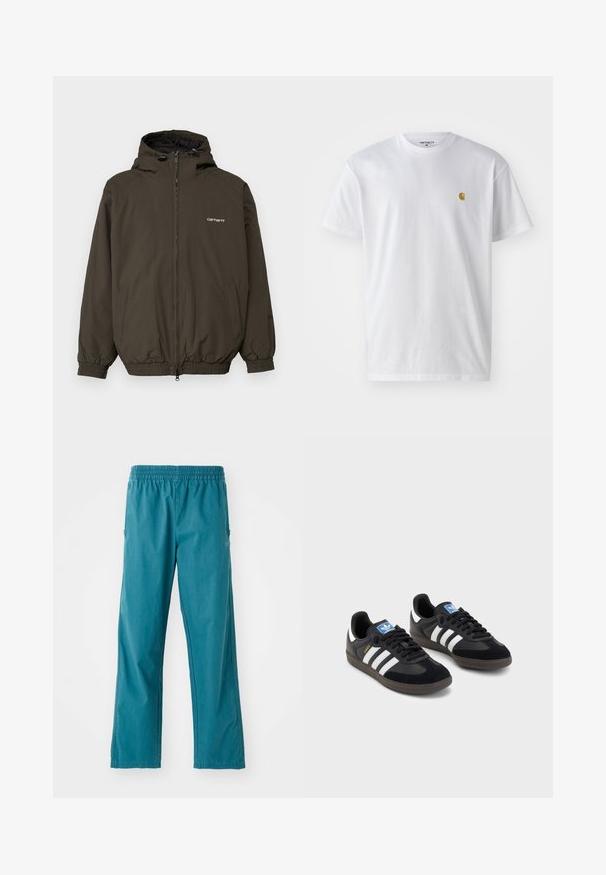 Giacca a vento verde scuro con cappuccio, realizzata in tessuto liscio. Presenta una zip frontale, polsini elasticizzati e tasche laterali. Logo "Carhartt" sul petto.; T-shirt bianco in cotone con maniche corte, con colletto girocollo, caratterizzato da un piccolo logo dorato sulla parte sinistra del petto. Tessuto morbido e vestibilità regolare.; Pantaloni color teal realizzati in tessuto leggero, dotati di una cintura elastica e di una vestibilità dritta con tasche laterali.; Sneakers neri con tomaia in suede e materiale sintetico, caratterizzati da tre strisce bianche, suola in gomma testurizzata e etichetta blu sul linguetta.