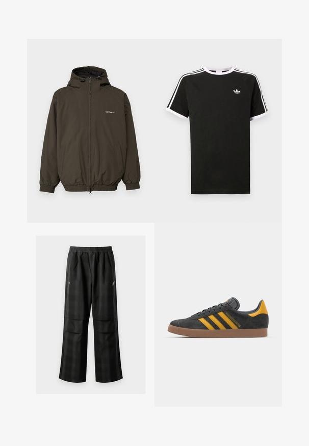 Dark green hooded jacket, made of smooth fabric. Features a front zipper, elastic cuffs, and side pockets. "Carhartt" logo on chest.; Black t-shirt made of cotton with white accents. Features short sleeves, raglan design, and a small logo on the chest. Three white stripes on shoulders.; Black plaid pants featuring an elastic waistband, two front pockets, and a loose fit with a straight leg design. Made from lightweight material.; Black suede sneaker with yellow accents, featuring three stripes and a brown rubber sole. Includes a padded tongue for comfort.