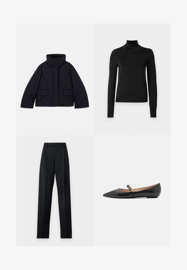 Rövid fekete puffernadrág, magas nyakkal, elülső gombzárral és két oldalsó zsebbel, sima, szigetelt anyagból készült.; Fekete, hosszú ujjú garbós pulóver bordás mandzsettákkal és aljjal, sima fehér háttér előtt bemutatva.; Fekete nadrág sima anyagból, magas derékkal, széles lábakkal, elülső redőkkel és klasszikus övhurkokkal. Oldalzsebek nem láthatók.; Fekete bőr balettlapok hegyes orral és oldalsó pánttal, amelyen egy kör alakú arany dísz található. Könnyű, lapos talpú.