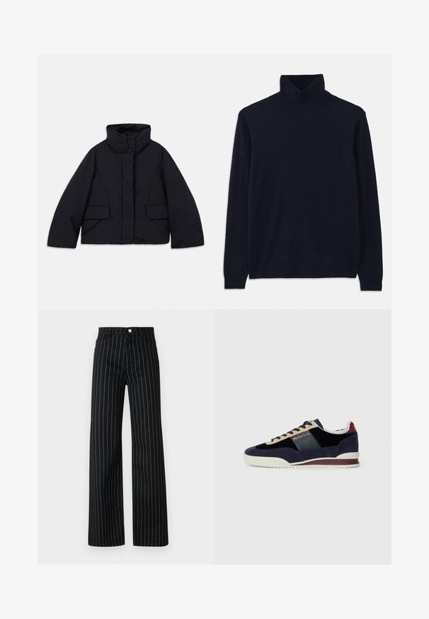 Supjaustyta juoda pūkinė striukė su aukštu apykakle, turinti priekinį mygtukų užsegimą ir dvi šonines kišenes, pagaminta iš lygaus, šiltinamo audinio.; Jūros jėgos tvido megztinis su ilgomis rankovėmis, pagamintas iš minkštos megztos medžiagos. Yra raukinis apykaklėje ir rankovėse, paprastas dizainas, be raštų.; Juodos plačios kelnės su vertikaliomis mėlynomis juostelėmis, su klasikiniu penkių kišenių dizainu ir priekiniais mygtukais.; Jūrų melsvi velveto sportbačiai su smėlio ir tamsiai mėlynomis detalėmis. Turi baltą gumos pabanduką ir auksinius logotipus šone. Klasikinis sportinis dizainas.