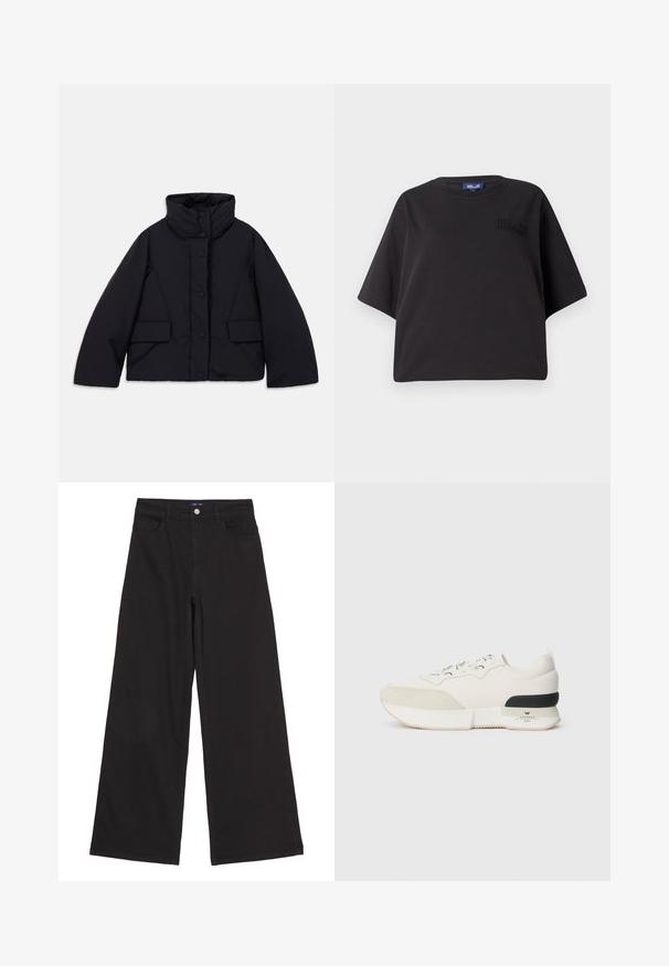 Geknipte zwarte donsjack met hoge kraag, voorzien van een sluiting met knopen aan de voorkant en twee zijzakken, gemaakt van glad, geïsoleerd materiaal.; Zwarte t-shirt met korte mouwen van katoen, met een relaxte pasvorm en reliëfmerk op de voorkant nabij de schouder.; Zwarte wijde broek van denim, met een hoge taille, voorzakken en een enkele metalen knoop in de tailleband, gladde textuur.; Witte sneaker met een getextureerde suede neuskap, een soepel mesh bovenwerk, decoratieve veters en een zwarte rubberen hakaccent.