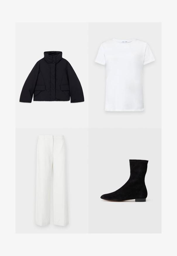 Cropped black puffer jacket with high collar, featuring a front button closure and two side pockets, made from smooth, insulated fabric.; White short-sleeve t-shirt made of cotton with a crew neck design. Smooth texture and straight cut, no patterns or accents.; White wide-leg trousers with a smooth texture, featuring a flat front and pressed creases. Made of lightweight fabric, no visible patterns.; Black suede ankle boot with a fitted shaft, pointed toe, and a low block heel. Smooth texture and minimalistic design, suitable for versatile styling.