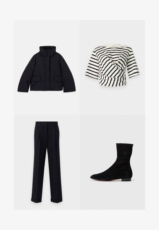 Chaqueta corta negra tipo plumón con alto cuello, que cuenta con un cierre frontal de botones y dos bolsillos laterales, fabricada con una tela suave y aislante.; Baum und Pferdgarten JALYA - Camiseta estampada - black whisper stripe; Pantalones a rayas negras con un corte ajustado, que cuentan con un dobladillo prensado y pliegues en la parte delantera. Fabricados con un tejido suave y un diseño estructurado.; Botín de ante negro con caña ajustada, punta afilada y tacón bajo en bloque. Textura suave y diseño minimalista, adecuado para un estilo versátil.