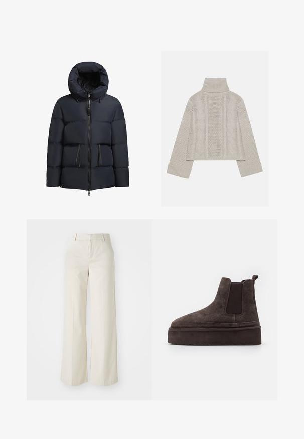 khujo ELLIS - Winterjacke - dunkelblau; Gekürzter, hellgrauer Strickpullover mit hohem Kragen und gerippten Bündchen, ausgestattet mit strukturierten Zopfmustern entlang des Rückens und der Seiten.; Weite Hosen in einem hellbeigen Farbton, aus einem glatten Stoff gefertigt. Mit einem klassischen Bund und flachem Vorderteil, das klare Linien zeigt.; Braune Wildleder Chelsea-Stiefel mit elastischen Seitenpaneelen und einer dicken, strukturierten Plattformsohle. Mit einem Ziehband an der Ferse für ein einfaches An- und Ausziehen.