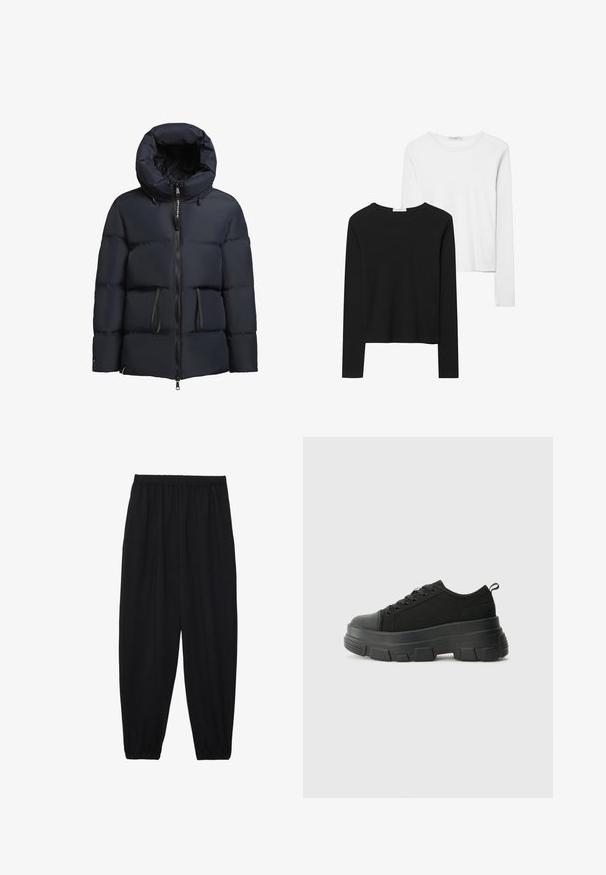 khujo ELLIS - Vinterjacka - dunkelblau; Svart- och vitfärgade långärmade t-shirts med rund halsringning, mjukt tyg och en åtsittande design med raka fållar.; Svarta, lätta byxor med elastisk midja och samlade ankleder. Tyget är slätt och har en avslappnad, avsmalnande design.; Svarta sneakers med en kraftig gummisula, texturerad tygöverdel, rund tå och snörning. Har förstärkta öglor och dragflik bak.