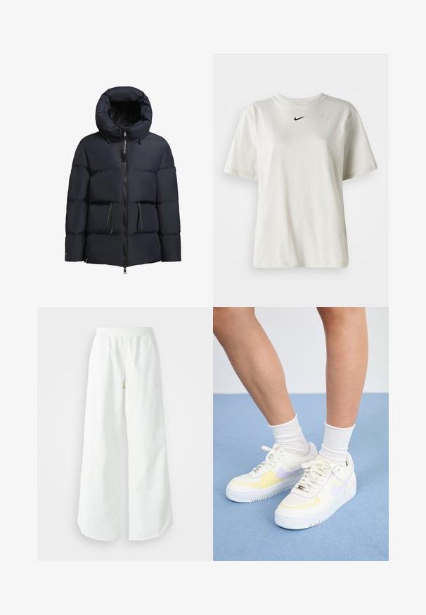 khujo ELLIS - Zimná bunda - dunkelblau; Biely bavlnený tričko s okrúhlym výstrihom a krátkymi rukávmi. Na hrudi sa nachádza malé čierne logo Nike. Jednoduchý a nezdobený dizajn.; Biele široké športové nohavice s ribbovaným pásom a jemným logom. Hladká tkanina s uvoľneným strihom a zúženým lemom.; Biele kožené tenisky s žltými a levanduľovými akcentmi, okrúhle špičky, ploché šnúrky a textúrovaná gumová podrážka. Nosené s bielymi ponožkami.