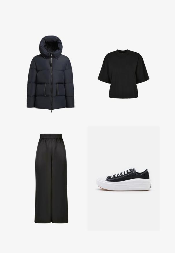 khujo ELLIS - Giacca invernale - dunkelblau; Maglietta nera cropped realizzata in cotone. Presenta maniche corte e un collo rotondo. Tessuto liscio con un design semplice, senza ulteriori motivi.; Pantaloni neri a gamba larga realizzati in un tessuto liscio e lucido, con una vita elastica e senza tasche visibili o dettagli in metallo.; Sneaker nere in tela con lacci bianchi, punta in gomma bianca e una suola intermedia bianca e spessa. Presentano cuciture bianche sottili e una suola in gomma.