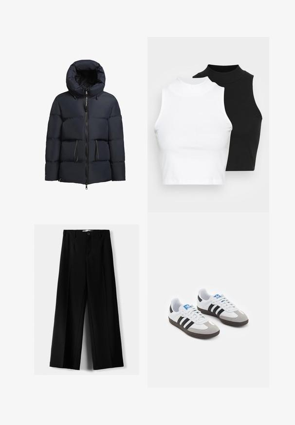 khujo ELLIS - Winterjas - dunkelblau; Twee mouwloze ribgebreide coltruien in zwart en wit, met een slim fit ontwerp en een gladde textuur, met een cropped lengte.; Zwarte wijde broek van lichtgewicht stof, met een knoopsluiting aan de voorkant en een vlakke achterkant, afgewerkt met keurig gestikte zoom.; Sportschoenen met een witte leren bovenkant, grijze suède neus en drie zwarte strepen. Bevat een blauw logo op de tong en een gestructureerde rubberen zool.