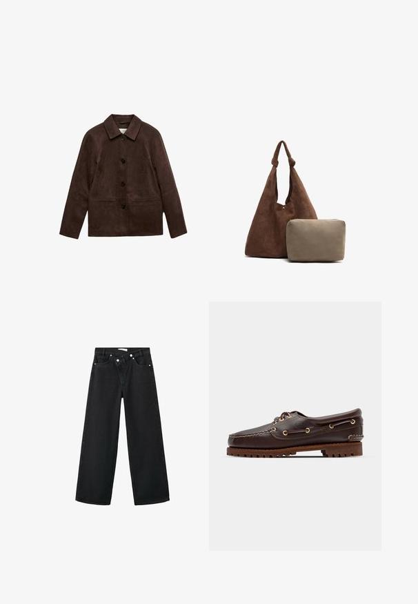 Brązowa kawałek zamszowa kurtka z czterema czarnymi guzikami, długimi rękawami i dwiema przednimi kieszeniami, z klasycznym kołnierzem.; Polo z długim rękawem w odcieniu off-white z żeberkowanej tkaniny, z kołnierzykiem i pięcioma metalowymi guzikami z przodu. Dopasowany fason.; Czarne dżinsy z wysokim stanem o szerokich nogawkach, pięciokieszeniowe, z metalowym srebrnym zapięciem z przodu.; Brązowe skórzane buty w stylu boat shoe z złotymi oczkami, okrągłymi sznurowadłami oraz teksturowaną brązową gumową podeszwą. Zawierają przeszycia i wypukłe logo.; Brązowa zamszowa torebka na ramię z węzłowym paskiem, z małą beżową saszetką na zamek. Torba ma miękką fakturę i prosty design.