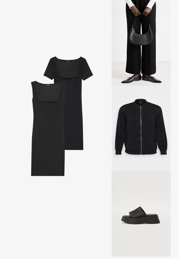 Veste bomber noire en tissu lisse, dotée d'une fermeture éclair sur le devant et de poignets côtelés, avec un col rond classique et des poches latérales.; Robe noire moulante à décolleté carré, à manches courtes et à texture côtelée. Deux variations : nuances de noir clair et noir plus profond sont présentées.; Sandales à plateforme noires, dotées d'une large sangle et d'une semelle épaisse. Fabriquées en matériau lisse avec une finition mate et sans quincaillerie visible.; Sac à main en cuir noir avec une forme arrondie, finition brillante et quincaillerie en argent. Personne portant un pantalon large noir et des mocassins cloutés.