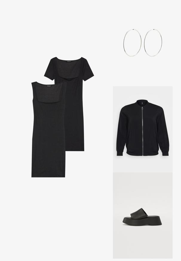 Čierna bomber bunda vyrobená z hladkej textílie, s predným zipsom a ribbenými manžetami, s klasickým okrúhlym výstrihom a bočnými vreckami.; Čierna bodycon šaty so štvorcovým výstrihom, krátkymi rukávmi a rebrovanou textúrou. Dve varianty: svetlo čierna a hlbšia čierna.; Čierne platformové sandále s širokým remienkom a hrubou podrážkou. Vyrobené z hladkého materiálu s matným povrchom a bez viditeľných kovových prvkov.; Strieborné kruhové náušnice s hladkým, okrúhlym dizajnom a lesklým povrchom. Sú tenké a ľahké, s jednoduchým uzáverom.