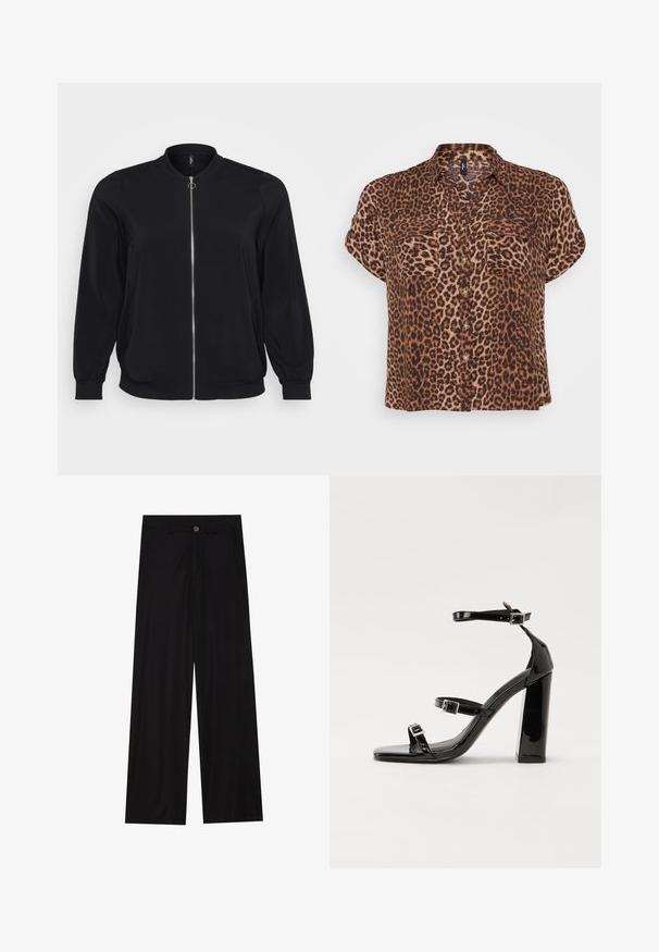 Czarna kurtka bomberka wykonana z gładkiego materiału, z zapięciem na zamek z przodu, prążkowanymi mankietami, klasycznym okrągłym dekoltem oraz bocznymi kieszeniami.; Bluzka z krótkim rękawem w panterkę w kolorze brązowym i beżowym, z dwiema kieszeniami na piersi, z zapięciem na guziki i luźnym krojem.; Szerokie czarne spodnie wykonane z gładkiego materiału, z przednimi kieszeniami i zapięciem na guzik w talii. Minimalistyczny design bez wzorów.; Czarne lakierowane sandały na obcasie z kwadratowym noskiem, z paskami wokół kostki i srebrnymi klamrami. Posiadają masywny słupek dla stabilności.