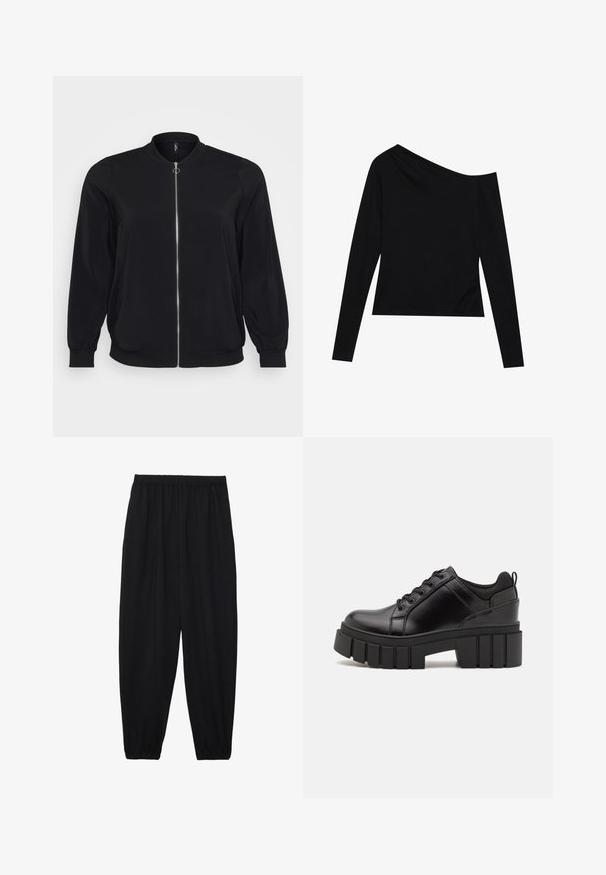 Schwarze Bomberjacke aus glattem Stoff, mit einem Frontreißverschluss und gerippten Bündchen, klassischem Rundhalsausschnitt und Seitentaschen.; Schwarzes Langarmoberteil mit asymmetrischem Ausschnitt und taillierter Passform aus weichem, glattem Stoff. Keine sichtbaren Muster oder Beschläge.; Schwarze, leichte Hosen mit einem elastischen Bund und gerafften Knöcheln. Der Stoff ist glatt und hat ein entspanntes, schmal zulaufendes Design.; Schwarze Lederplateauschuhe mit klobigem Blockabsatz, runder Zehenpartie und traditionellem Schnürdesign. Verfügt über eine glatte Textur und minimale Details.