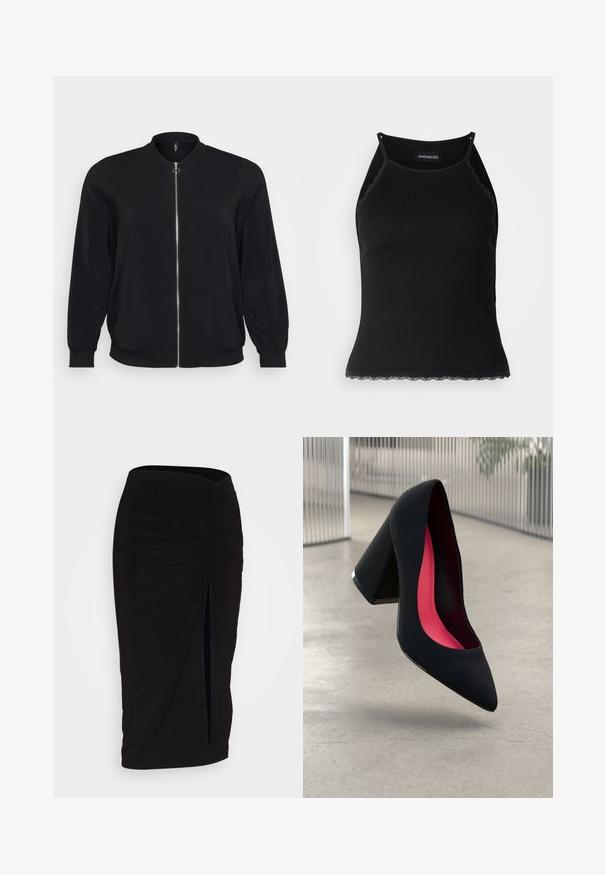 Veste bomber noire en tissu lisse, dotée d'une fermeture éclair sur le devant et de poignets côtelés, avec un col rond classique et des poches latérales.; Débardeur noir à côtes avec une bordure en dentelle festonnée à l'ourlet. Présente des bretelles fines et une coupe ajustée. Fabriqué en tissu extensible.; Jupe crayon noire froncée avec détail à nouer et fente latérale. Fabriquée à partir d'un tissu extensible, elle présente une texture lisse et une coupe ajustée.; Chaussure à talon noir avec un bout pointu, surface texturée et un intérieur rose vif. Dotée d'un talon épais avec un accent en argent.