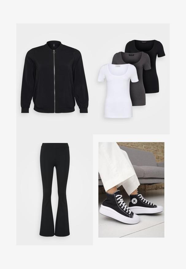 Czarna kurtka bomberka wykonana z gładkiego materiału, z zapięciem na zamek z przodu, prążkowanymi mankietami, klasycznym okrągłym dekoltem oraz bocznymi kieszeniami.; Trzy dopasowane koszulki w kolorze białym, szarym i czarnym. Każda z nich ma szeroki dekolt w serek i krótkie rękawy. Wykonana z gładkiego, elastycznego materiału.; Czarne spódnice dzwonowe wykonane z elastycznego materiału, z wysokim stanem i gładką fakturą. Spodnie rozszerzają się od kolana.; Czarne trampki typu high-top z białą gumową podeszwą i sznurowadłami. Posiadają okrągłe logo z boku oraz kontrastujące białe szwy.