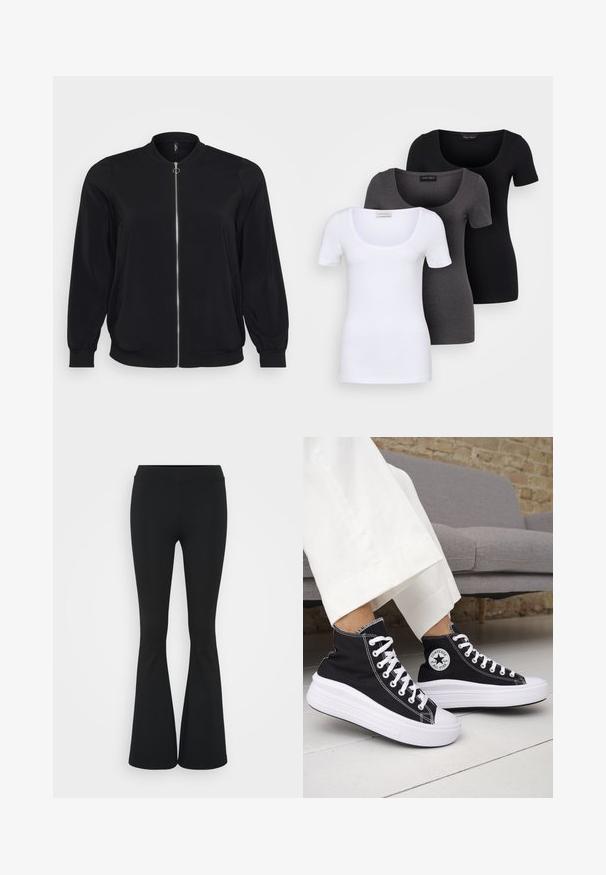 Zwarte bomberjack van gladde stof, voorzien van een rits aan de voorkant en ribgebreide manchetten, met een klassieke ronde halslijn en zijzakken.; Drie getailleerde T-shirts in het wit, grijs en zwart. Elk met een brede ronde hals en korte mouwen. Gemaakt van gladde, rekbare stof.; Zwarte uitlopende broek van rekbaar materiaal, met een hoge tailleband en een gladde textuur. De broek loopt uit vanaf de knie.; Zwarte hoge sneakers met witte rubberen zolen en veters. Voorzien van een ronde logo patch en contrasterende witte stiksels. Gemaakt van canvas.