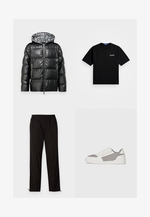Μαύρο παραγεμισμένο μπουφάν από γυαλιστερό δέρμα με φερμουάρ μπροστά. Διαθέτει επένδυση κουκούλας με μονοχρωματικό σχέδιο και πλαϊνές τσέπες με φερμουάρ.; Μαύρη βαμβακερή μπλούζα με στρογγυλή λαιμόκοψη και κοντό μανίκι. Διαθέτει το λογότυπο "POLO SPORT" στο αριστερό στήθος σε λευκό χρώμα. Κανονική εφαρμογή.; Μαύρο ελαφρύ παντελόνι με ελαστική μέση, κλείσιμο με σκοινάκι και φερμουάρ στο κάτω μέρος για ρυθμιζόμενη εφαρμογή. Λείος και κομψός υφή.; Αθλητικά παπούτσια Versace Jeans Couture σε λευκό και γκρι, με συνδυασμό δέρματος και σουέτ, τρυπητή υφή και εμφανή σήμανση στην πλευρά.