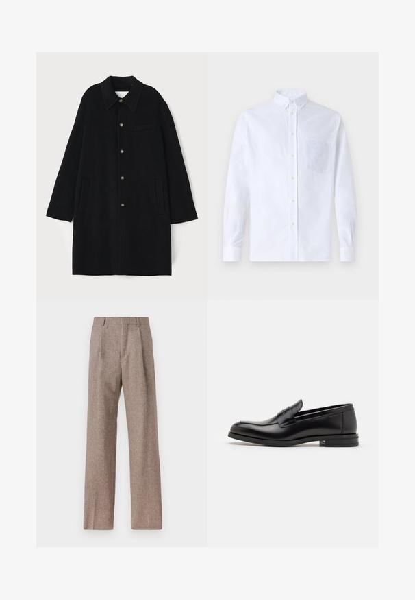 Černý vlněný kabát s velkým límcem, zapínáním na knoflíky, předními kapsami a jednou kapsou na prsou. Měkká textura a rovný silueta.; Bílá dlouhá košile s knoflíky vyrobená z bavlny, která má náprsní kapsu s tónovanou výšivkou, límec a knoflíkové manžety.; Hnědé kalhoty s vysokým pasem vyrobené z texturované látky. Mají široké nohavice a dva přední sklady pro strukturu. Úhledné provedení bez viditelné kovových částí.; Černé kožené polobotky s hladkou texturou, zaoblenou špičkou a zdobným páskem přes nárt. Nízký stohovaný podpatek, minimalistický design.
