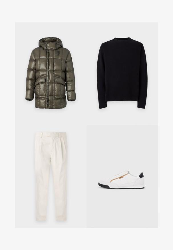 Bunda s kapucňou v olivovej zelenej farbe, s gombíkovým zapínaním, prešívaným dizajnom a prednými vreckami s hladkým, lesklým povrchom.; Čierny pletený sveter s dlhými rukávmi, okrúhlym rebrovaným výstrihom a rovný strih. Hladká textúra bez viditeľných vzorov či akcentov.; Biele plisované nohavice s prispôsobeným strihom, s hladkou textúrou, pútkami na opasok a zúženými nohavicami. Žiadne viditeľné vrecká ani vzory.; Biele športové topánky s akcentmi z korku a kože. Obsahujú zlaté logo "BOSS", textúrované bočné panely a čierny pätník. Gumová podrážka.
