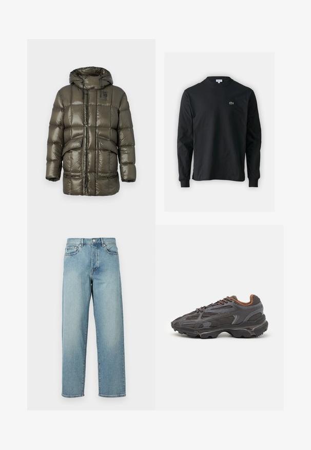 Pufová bunda v olivově zelené barvě, s kapucí, knoflíkovým zapínáním, prošívaným designem a předními kapsami s hladkým, lesklým povrchem.; Černé dlouhé rukávy triko vyrobené z bavlny, s kulatým výstřihem a malým zeleným vyšitým logem krokodýla na levé hrudi.; Svetle modré džíny s volným střihem, rovnými nohavicemi, designem s pěti kapsami a zapínáním na knoflík v pase. Minimalistické detaily šití.; Sněrovací boty Lacoste v tmavě šedé barvě s síťovinou a syntetickým materiálem, prezentující texturovanou podrážku a hnědé detaily na límci a logu.