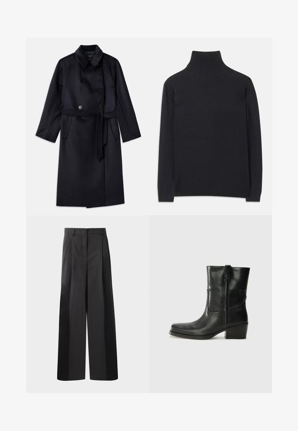 Abrigo de mezcla de lana de color marino con cuello con muesca, botones de doble botonadura, cinturón en la cintura, bolsillos laterales y diseño de longitud media.; Suéter negro de cuello alto hecho de tejido suave. Presenta mangas largas, un cuello alto y puños y dobladillo acanalados para un ajuste ceñido.; Pantalones de pierna ancha negros con cintura alta, que presentan pliegues en la parte delantera, una textura suave y un acabado a medida. Diseñados para un ajuste relajado.; Botín negro de cuero hasta el tobillo con punta redondeada, tacón cuadrado, cremallera lateral y detalles de costura en el empeine. Textura suave, diseño clásico.