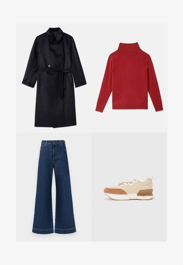 Granatowy płaszcz z wełny z domieszką, z kołnierzem z wyłogami, podwójnymi guzikami, paskiem w talii, bocznymi kieszeniami i średniej długości.; Czerwony sweter z golfem wykonany z miękkiej dzianiny. Posiada prążkowany kołnierz i mankiety, luźny krój oraz bezszwowe ramiona.; Szerokie dżinsy w kolorze niebieskim z wysokim stanem, z zapięciem na guzik, szlufkami na pasek oraz subtelnymi detalami stębnowania wzdłuż kieszeni i brzegów.; Sneaker z beżowym materiałowym wierzchem ozdobionym brązowymi zamszowymi akcentami, białą podeszwą środkową oraz gumową podeszwą z detalem marki.