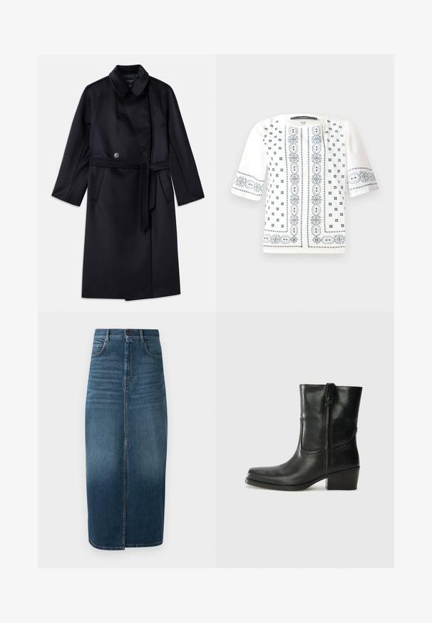 Navy villasekoitus takki, jossa on leikattu kaulus, kaksiriviset napit, vyöllinen vyötärö, sivutaskut ja puolipitkä muotoilu.; Valkoinen lyhythihainen paita, jossa on sinisiä kukkakirjontoja, pyöreä pääntie ja monimutkaiset kuviot edessä ja hihoissa.; Denim midi-hame tummansinisessä värissä, jossa on etuaukko ja kevyt kulutusjälki. Klassinen viiden taskun muotoilu metallinappisulkimella.; Musta nahkasaapas nilkkamittaisella varrella, pyöreällä kärjellä, lohkarekorolla, sivuvetoketjulla ja ompeluaksentilla varren yläosassa. Suora pinta, klassinen muotoilu.