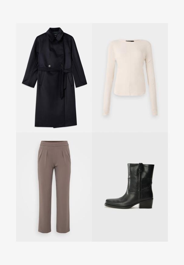 Tumesinine villasegu mantel, millel on kraega kaelus, topelt nööbid, vööga talje, küljetaskud ja keskpaiga disain.; Pikkade varrukatega helesinine topp ümmarguse kaelusega. Valmistatud pehmest kangast, sisaldab keskset õmblust ja kergelt kaardus serva. Ei ole nähtavat riistvara.; Taupe värvi lahtised püksid elastse vöökohtadega ja ees pleated, valmistatud siledast kangast.; Musta nahast pahkluu saabas ümarate varvastega, plokknäppu, külgsepa ja pealsetel õmblusest aktsentidega. Sile tekstuur, klassikaline disain.