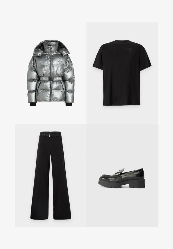 Giubbotto gonfiabile argento con colletto alto, chiusura con zip e cintura staccabile. Presenta polsini a coste e texture trapuntata con accenti neri.; T-shirt di cotone nero, design a girocollo, maniche corte, con un piccolo logo tonale sulla parte superiore sinistra. Texture liscia.; Pantaloni neri a gamba larga realizzati in cotone, con vita alta, ampie tasche laterali e vita con cintura arricchita da dettagli in metallo argentato.; Mocassini in pelle nera con suola in gomma spessa. Presentano un'applicazione a fibbia e dettagli cuciti lungo la parte superiore. Tacco piatto.