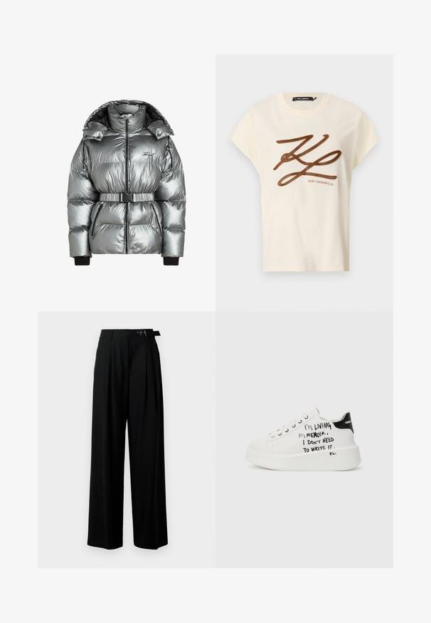 Silver puffer jacket with a high collar, zip closure, and detachable belt. Features ribbed cuffs and quilted texture with black accents.; Cream-colored cotton t-shirt with short sleeves, featuring a brown embroidered logo and script design on the front.; Black wide-leg trousers with a high waist, pleats at the front, and a belt featuring a buckle. Made from smooth, lightweight fabric.; White platform sneakers with black accents, featuring a textured sole and handwritten text on the sides. Smooth leather material.