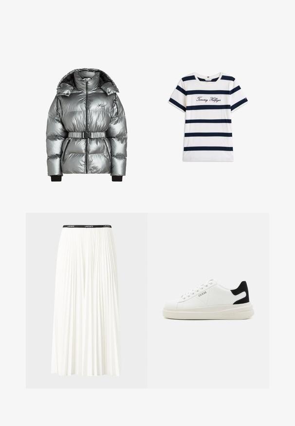 Silver puffer jacket with a high collar, zip closure, and detachable belt. Features ribbed cuffs and quilted texture with black accents.; Cotton T-shirt with horizontal navy stripes on a white background. "Tommy Hilfiger" embroidered in cursive on the chest. Crew neckline.; Pleated white skirt with a black elastic waistband featuring the "LACOSTE" logo. Mid-length design with soft texture.; White leather sneakers with a thick white sole, black suede heel accent, and embossed logo on the side. Laced design with six eyelets.