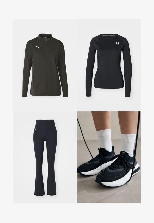 Crna jakna na zatvaranje s dugim rukavima, izrađena od glatkog, laganog materijala. Ima visoki ovratnik, duge rukave i bijeli Puma logo na prsima.; Crna termo majica dugih rukava od glatkog materijala, s okruglim izrezom i malim bijelim logotipom na lijevoj strani prsnog koša.; Crne flared trenirke izrađene od rastezljivog materijala, s visokim pojasom i bočnom džepom. Logo je smješten sprijeda.; Crne atletske cipele s teksturiranim materijalom, bijelim potplatima i crnim vezicama. Nosene s bijelim rebrastim čarapama, stojeći na svijetloj površini.